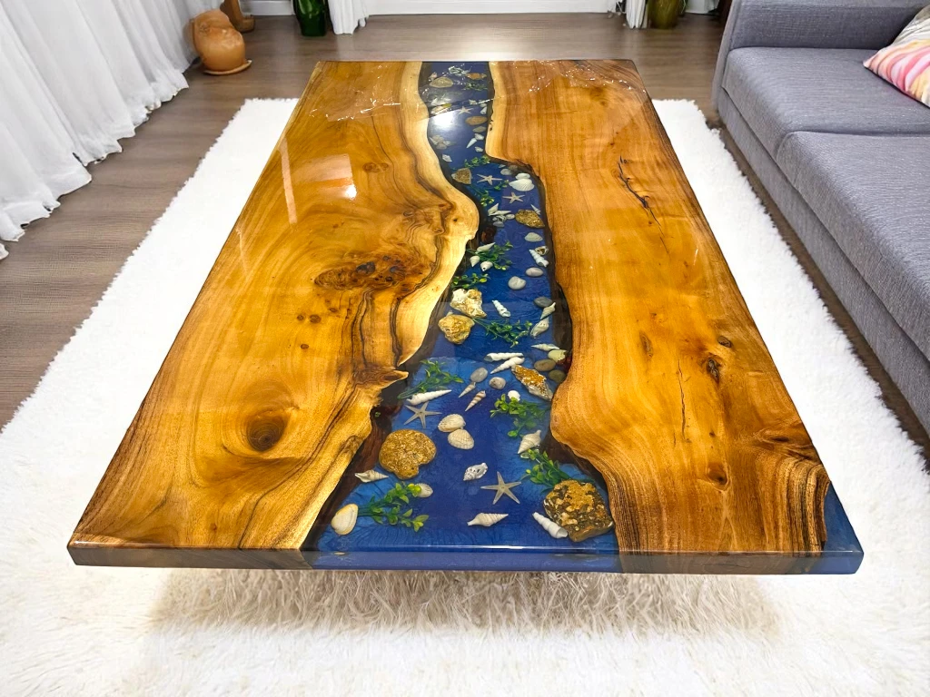 Epoxy Table Top For Sale with Iron Stand | Ocean Waves Inspired 